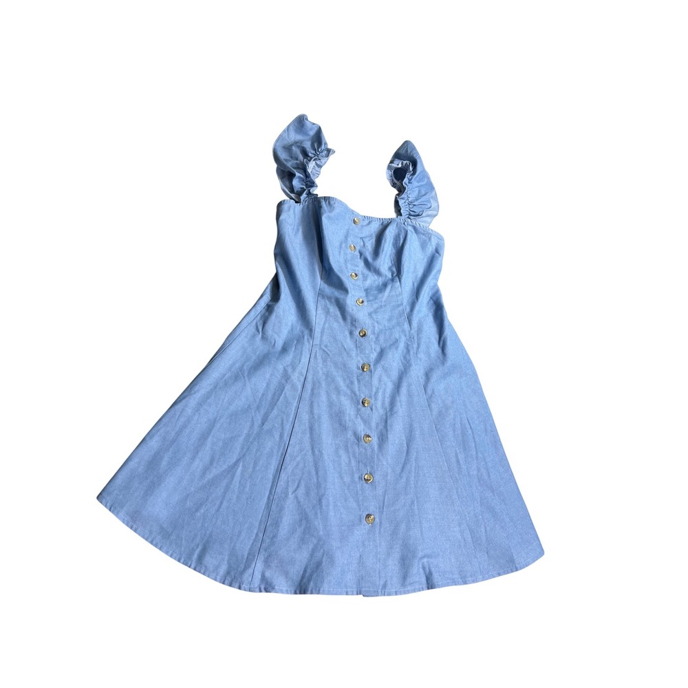 Lulus Women's Small Blue Chambray Mini Dress‎ Button Front Ruffle Strap Sundress